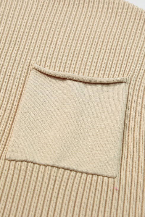 Ribbed Mock Neck Patch Pocket Drop Shoulder Short Sleeve Sweater